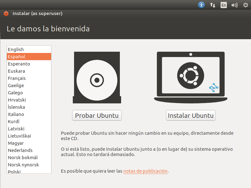 Ventana de instalación de Ubuntu, una distribución basada en Linux.