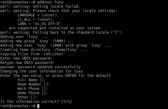 Figura 1.2 - Creación de un usuario en Debian