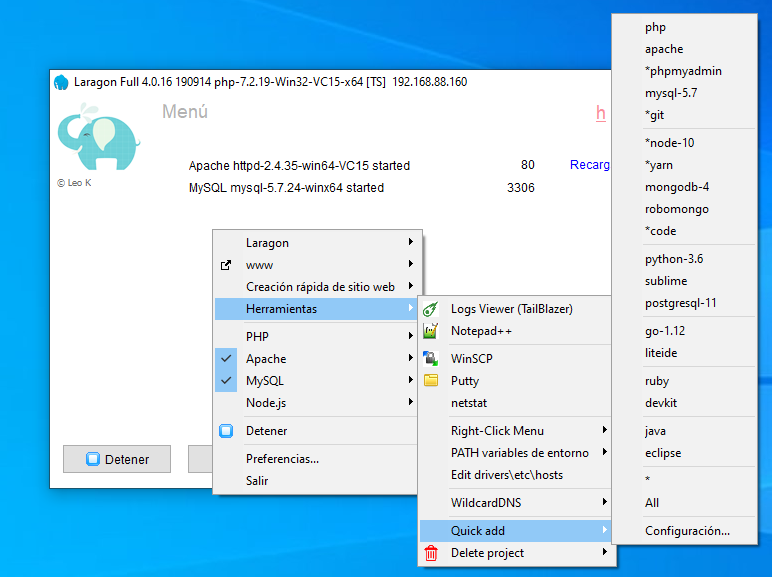 La opción de Quick Add nos permite instalar servicios adicionales en nuestro entorno de Laragon