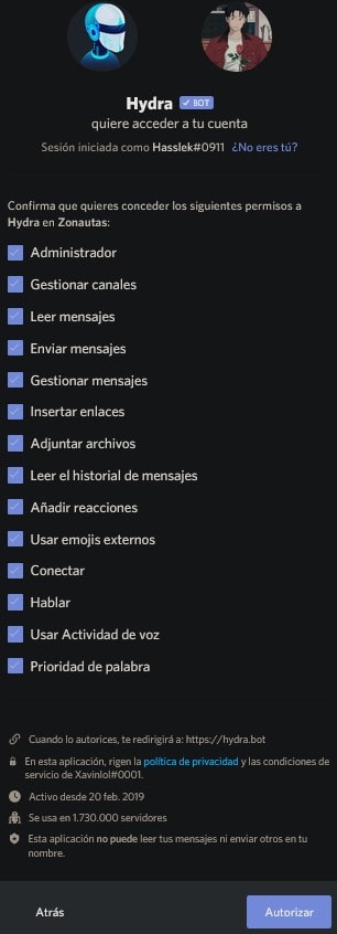 Autorizar un bot de Discord