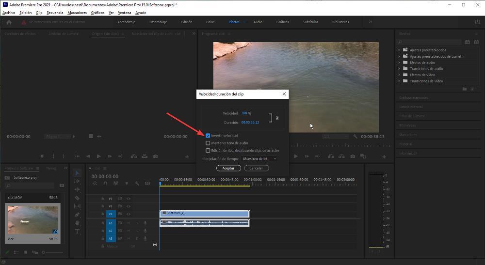 invertir el vídeo de adobe premiere